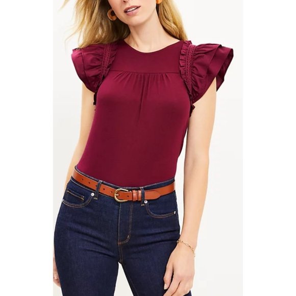 LOFT Women Petite Tiered Ruffle Mixed Media Top Large - Picture 1 of 16